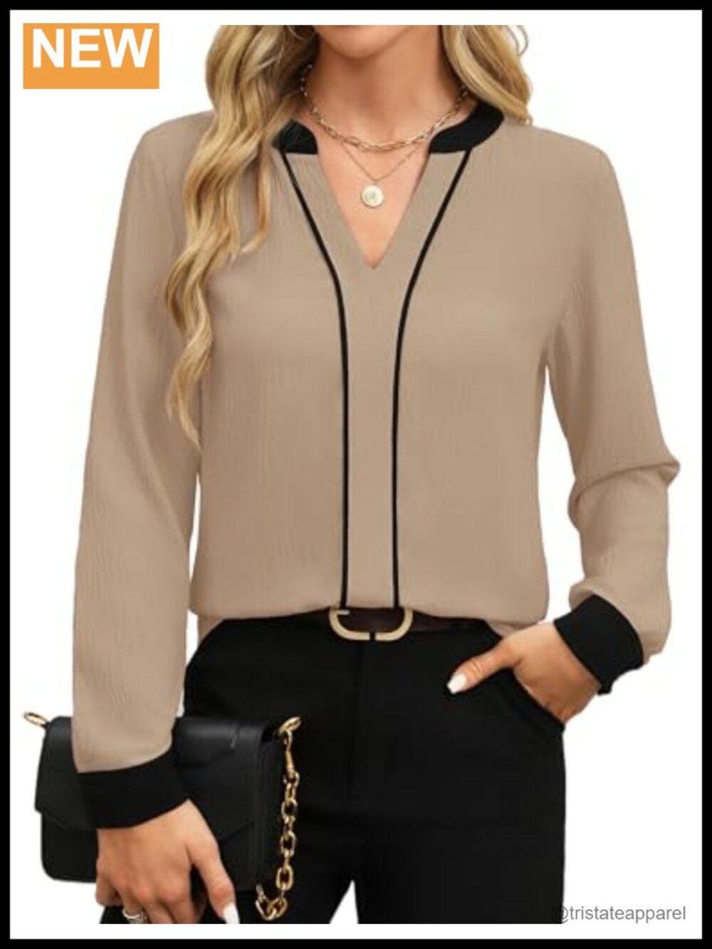 Womens Business Casual Color Block V Neck Long Sleeve Blouse